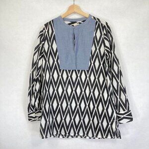 J. Crew Black White Geometric Print With Chambray Bib Cotton Tunic Top S